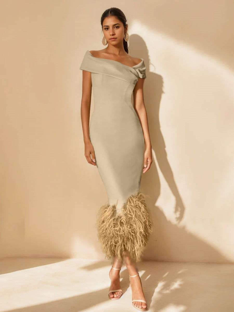 Column Off-the-Shoulder Short Sleeves Tea-Length Unique Mother of the Bride Dress
