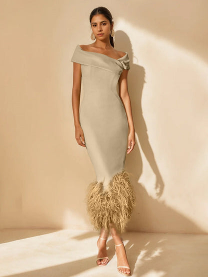 Column Off-the-Shoulder Short Sleeves Tea-Length Unique Mother of the Bride Dress