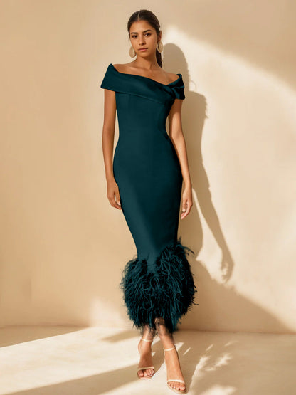 Column Off-the-Shoulder Short Sleeves Tea-Length Unique Mother of the Bride Dress