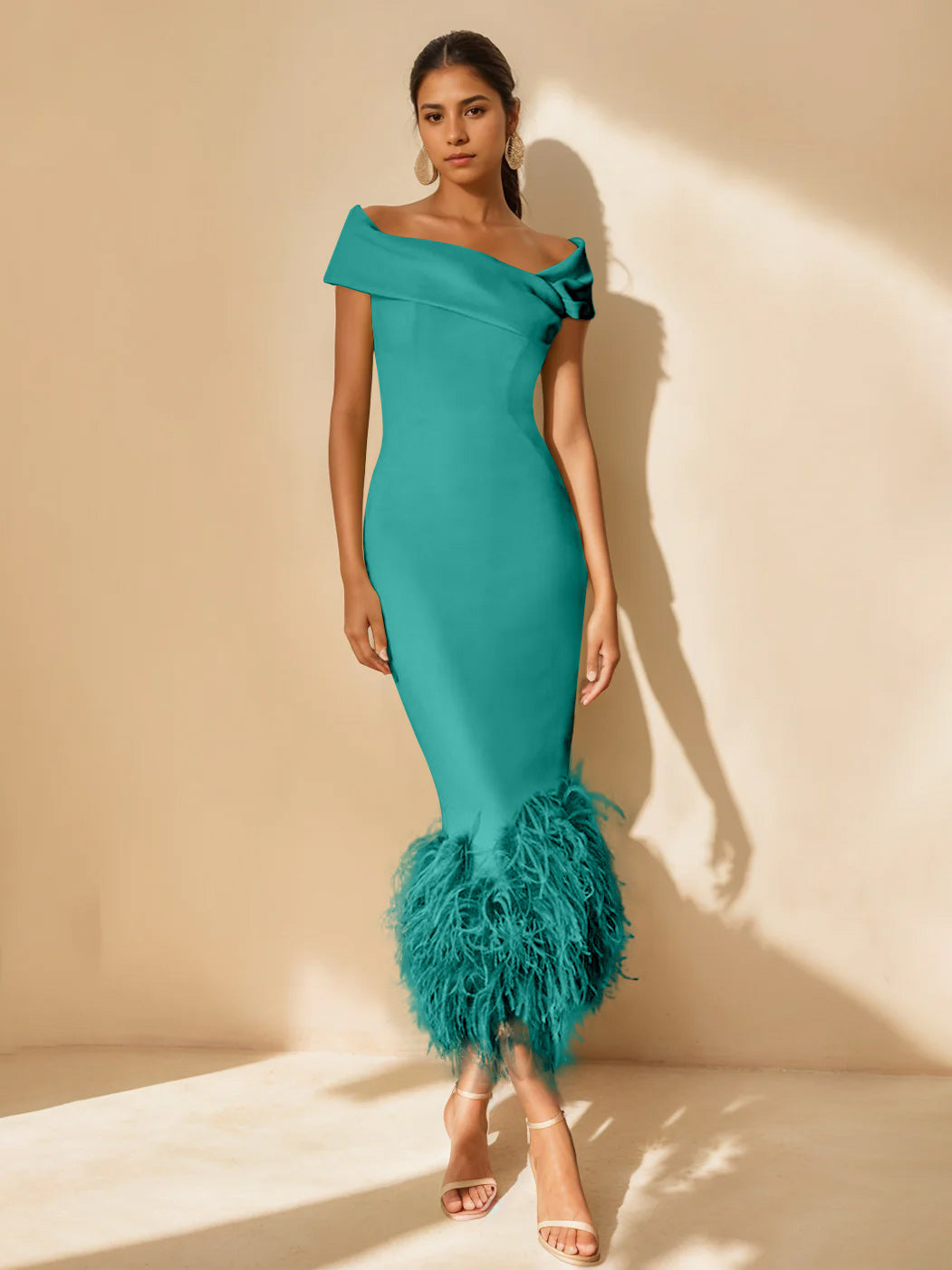 Column Off-the-Shoulder Short Sleeves Tea-Length Unique Mother of the Bride Dress