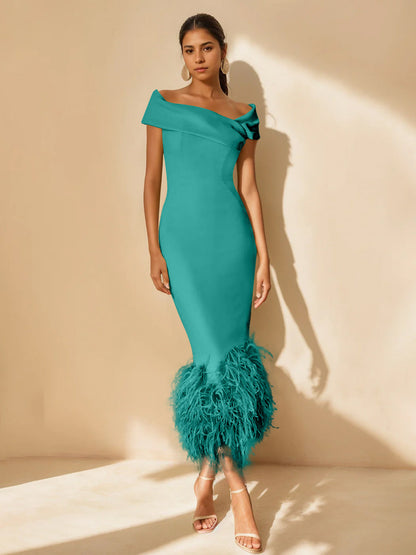 Column Off-the-Shoulder Short Sleeves Tea-Length Unique Mother of the Bride Dress
