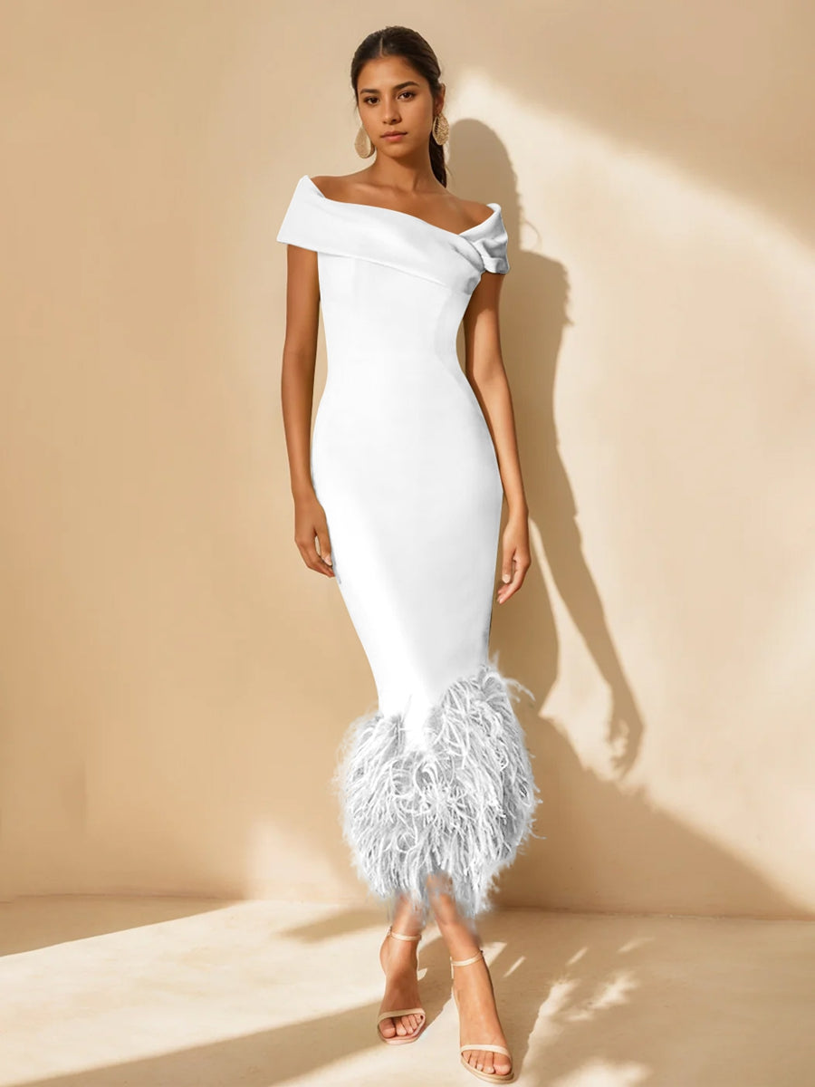 Column Off-the-Shoulder Short Sleeves Tea-Length Unique Mother of the Bride Dress