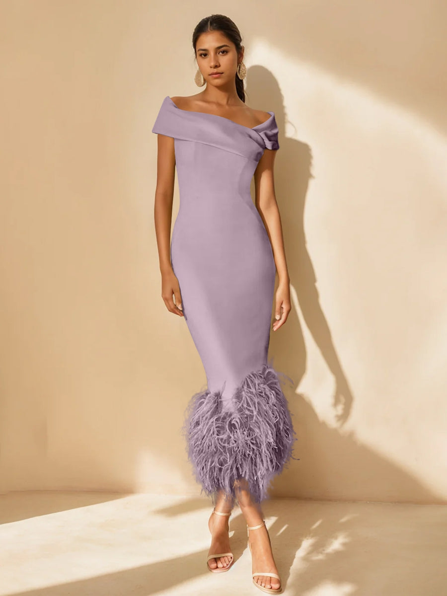 Column Off-the-Shoulder Short Sleeves Tea-Length Unique Mother of the Bride Dress