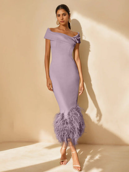 Column Off-the-Shoulder Short Sleeves Tea-Length Unique Mother of the Bride Dress