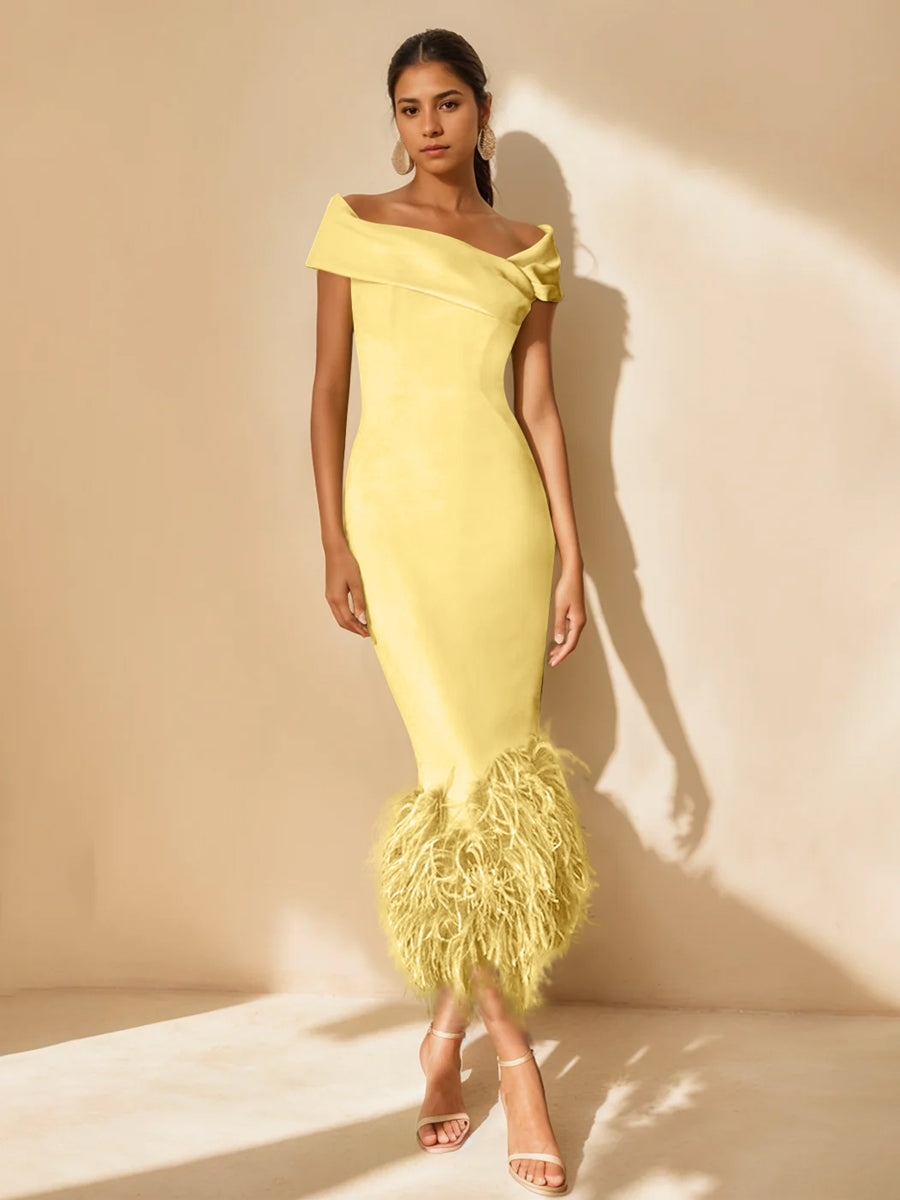 Column Off-the-Shoulder Short Sleeves Tea-Length Unique Mother of the Bride Dress