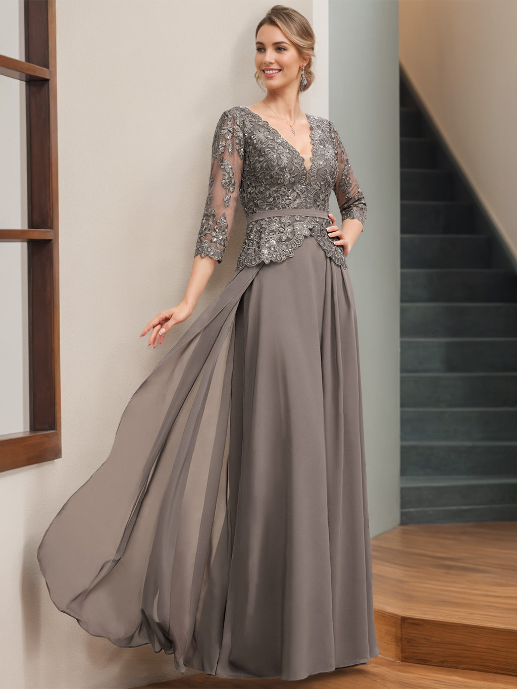 A-Line V-Neck 3/4 Length Sleeves Floor-Length Mother Of The Bride Dress