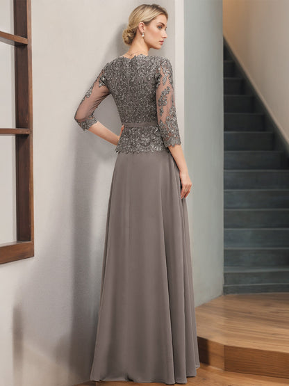 A-Line V-Neck 3/4 Length Sleeves Floor-Length Mother Of The Bride Dress