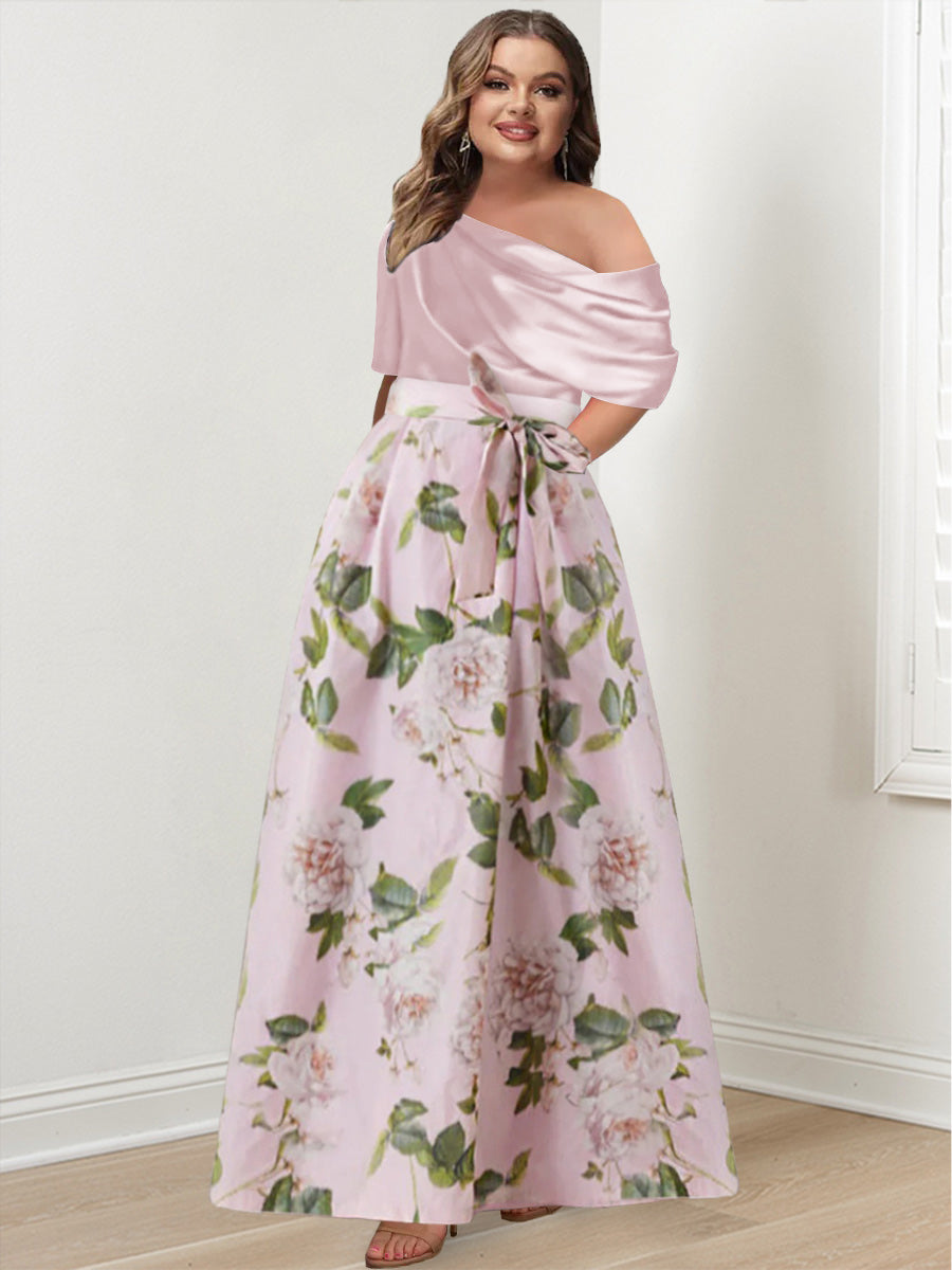 Princess One-shoulder Printed Flower Plus Size Mother of the Bride Dress