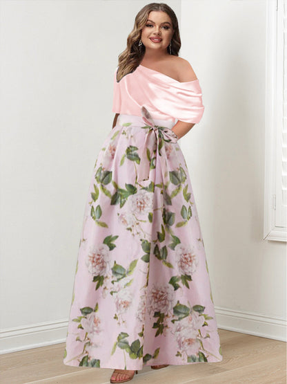 Princess One-shoulder Printed Flower Plus Size Mother of the Bride Dress