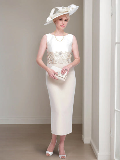 2 Pieces Round Neck Tea-Length Mother of the Bride Dress