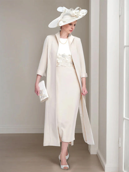 2 Pieces Round Neck Tea-Length Mother of the Bride Dress
