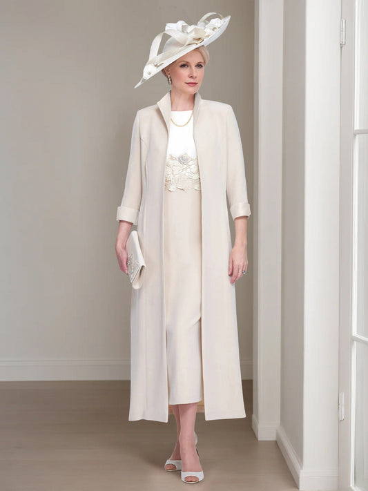 2 Pieces Round Neck Tea-Length Mother of the Bride Dress