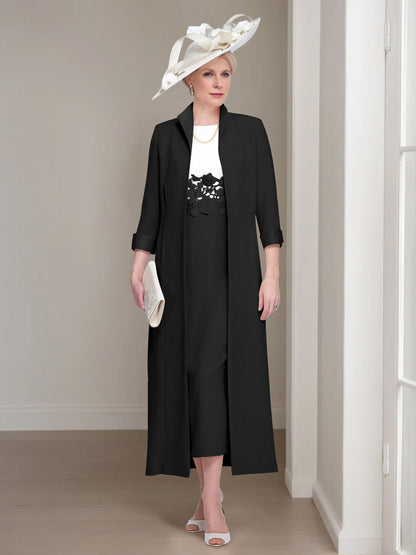 2 Pieces Round Neck Tea-Length Mother of the Bride Dress
