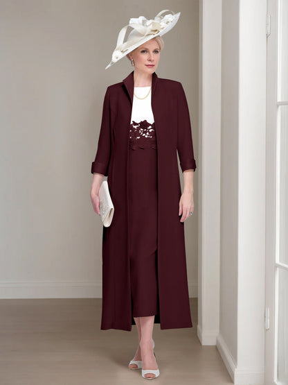2 Pieces Round Neck Tea-Length Mother of the Bride Dress