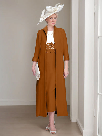 2 Pieces Round Neck Tea-Length Mother of the Bride Dress