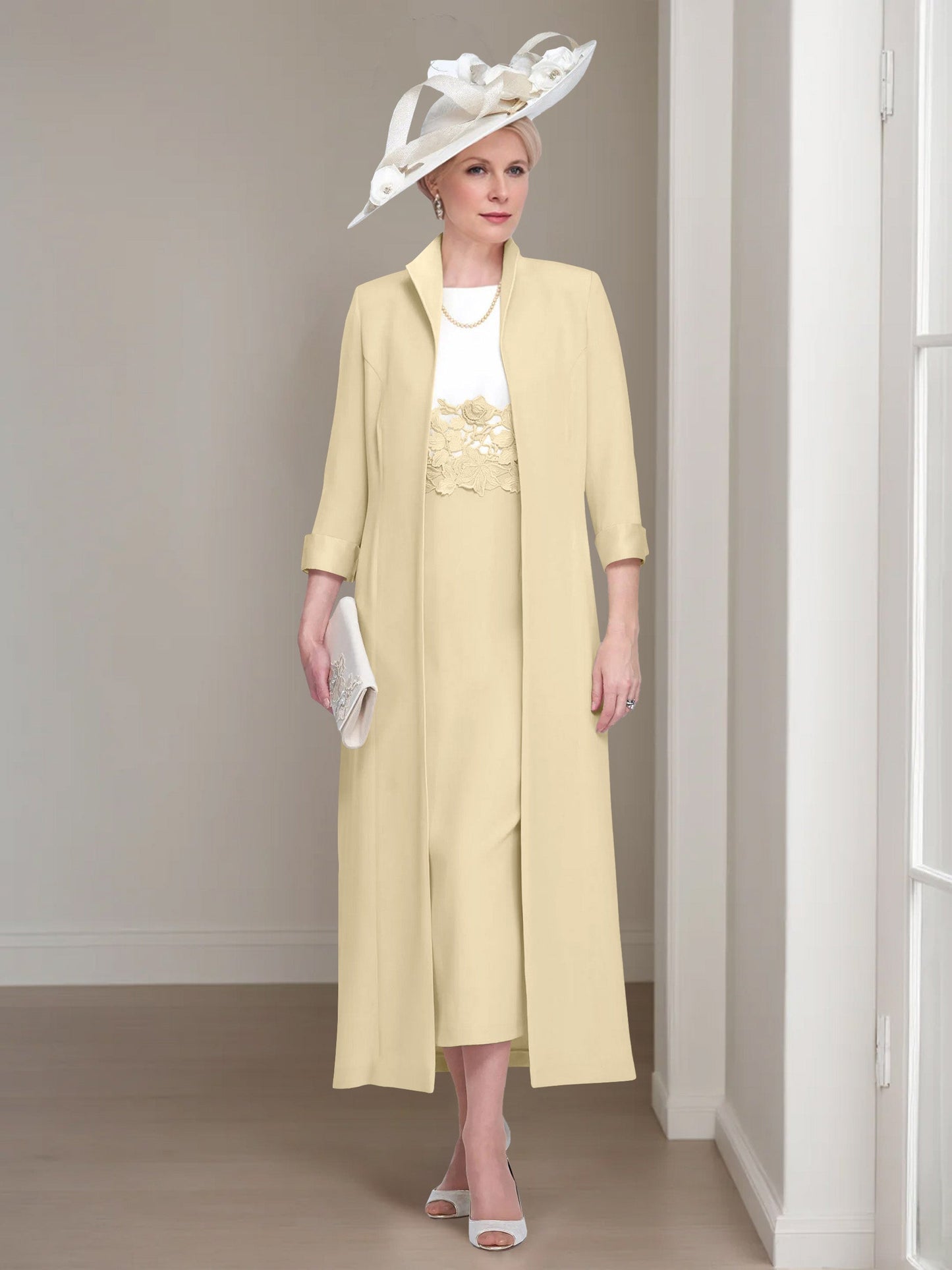 2 Pieces Round Neck Tea-Length Mother of the Bride Dress