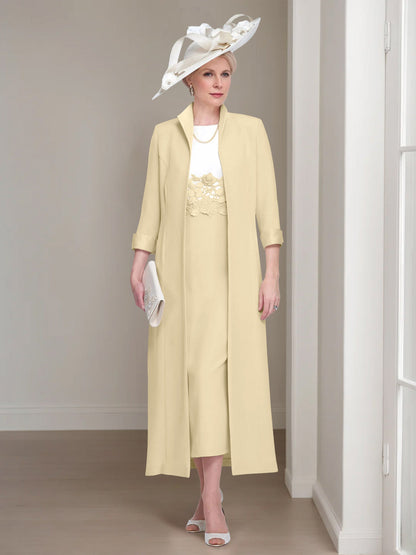 2 Pieces Round Neck Tea-Length Mother of the Bride Dress