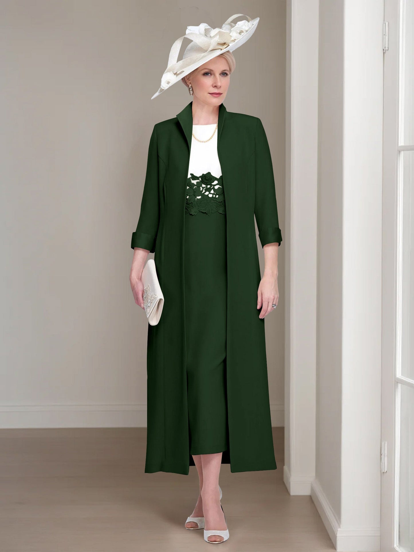 2 Pieces Round Neck Tea-Length Mother of the Bride Dress