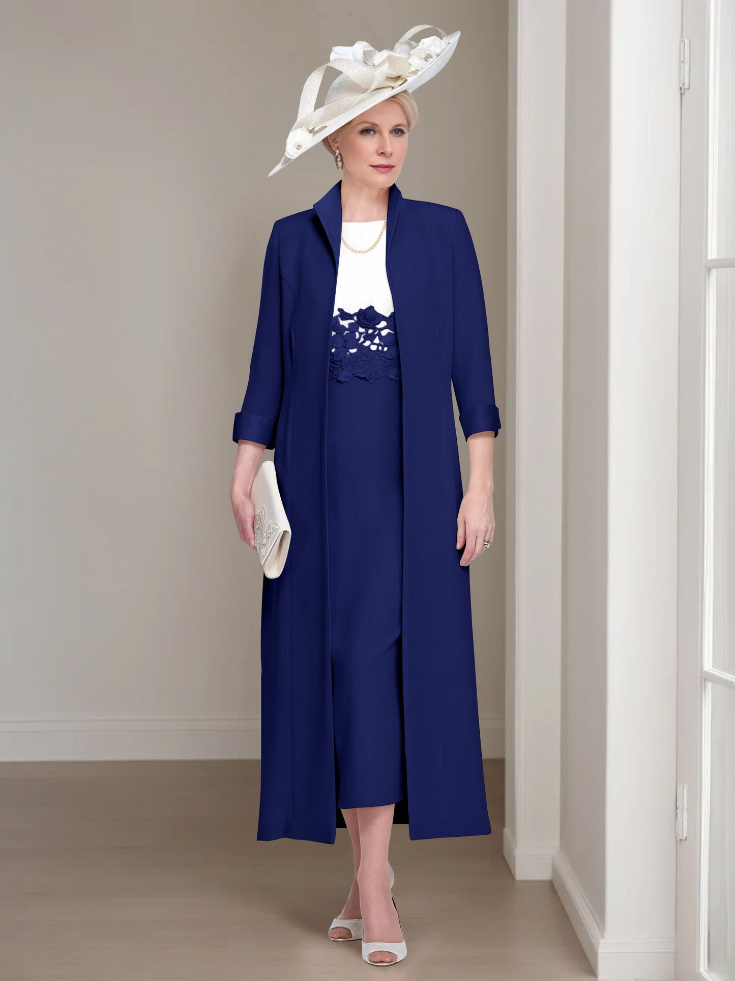 2 Pieces Round Neck Tea-Length Mother of the Bride Dress