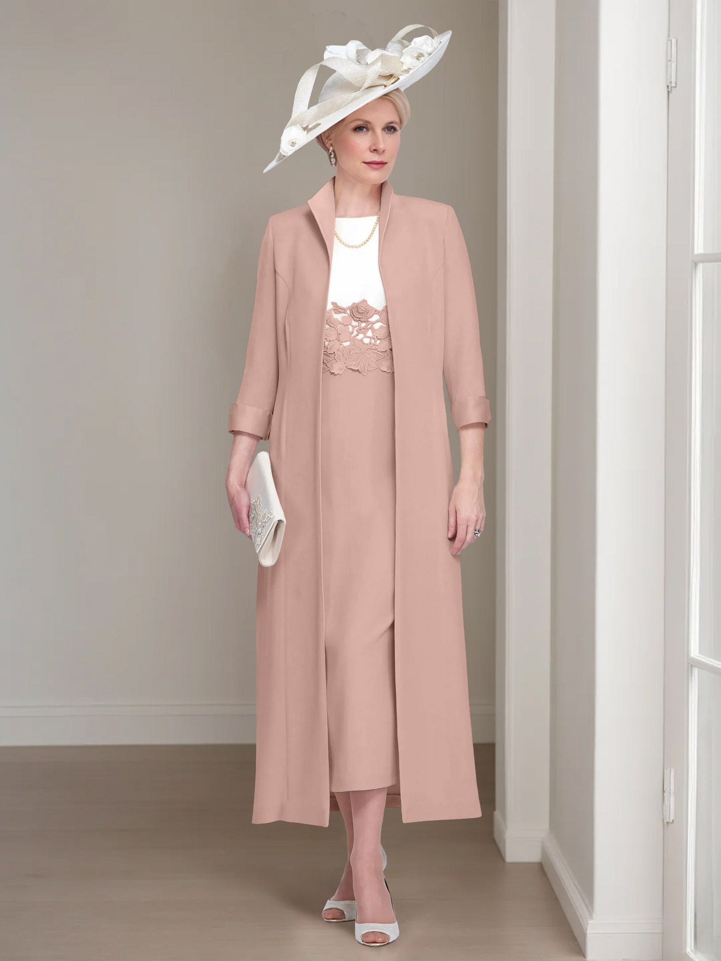2 Pieces Round Neck Tea-Length Mother of the Bride Dress