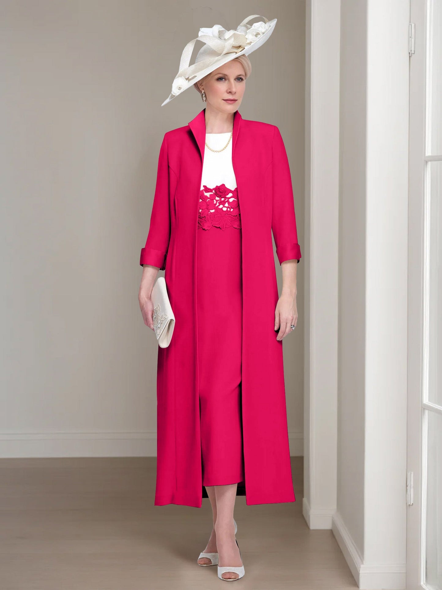 2 Pieces Round Neck Tea-Length Mother of the Bride Dress