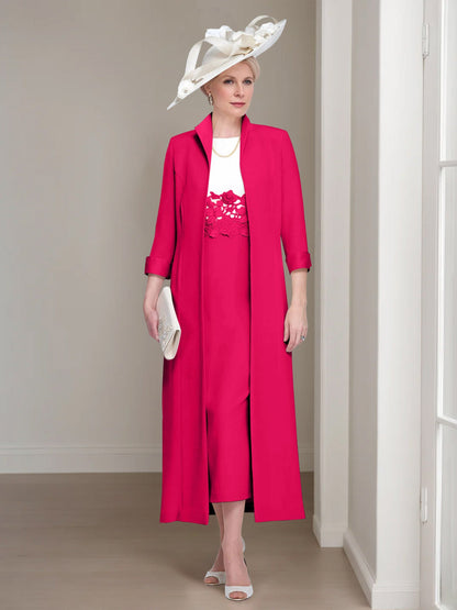 2 Pieces Round Neck Tea-Length Mother of the Bride Dress