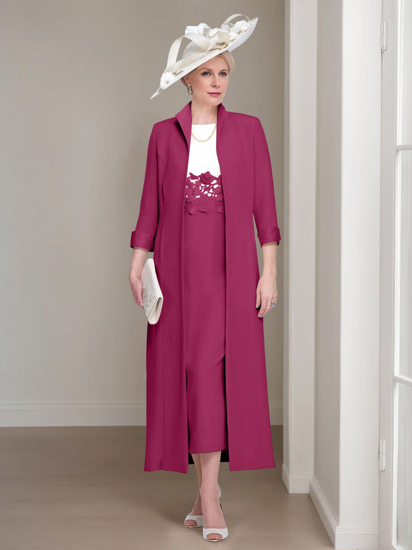 2 Pieces Round Neck Tea-Length Mother of the Bride Dress