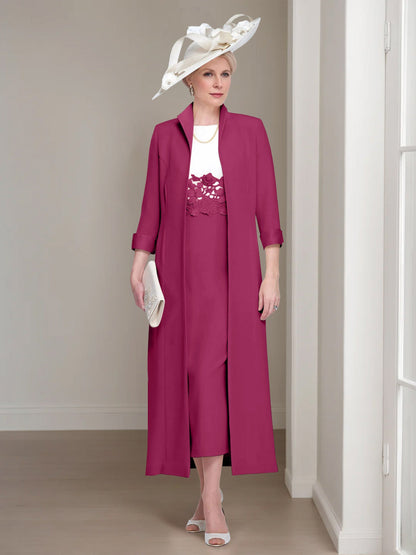 2 Pieces Round Neck Tea-Length Mother of the Bride Dress