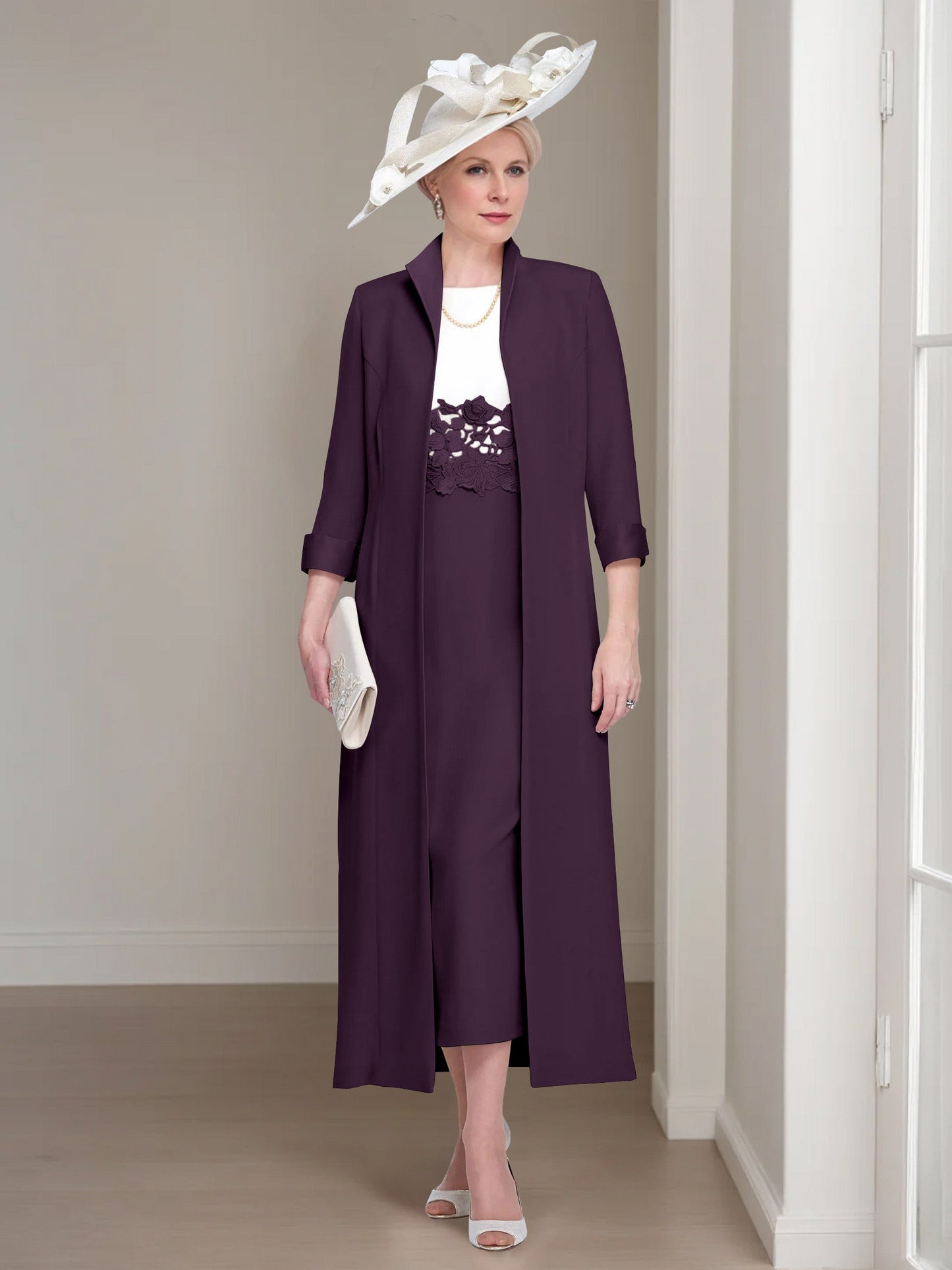 2 Pieces Round Neck Tea-Length Mother of the Bride Dress