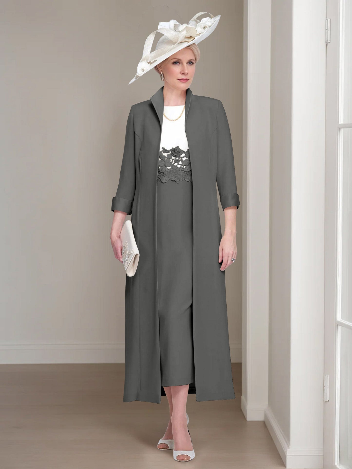 2 Pieces Round Neck Tea-Length Mother of the Bride Dress