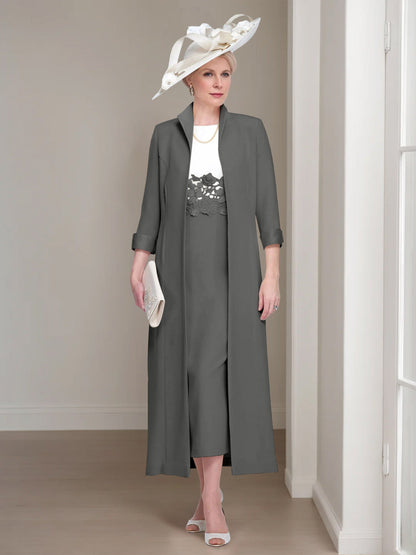 2 Pieces Round Neck Tea-Length Mother of the Bride Dress