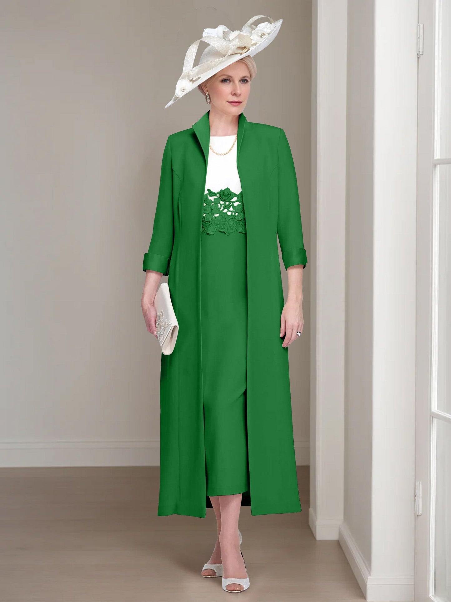 2 Pieces Round Neck Tea-Length Mother of the Bride Dress