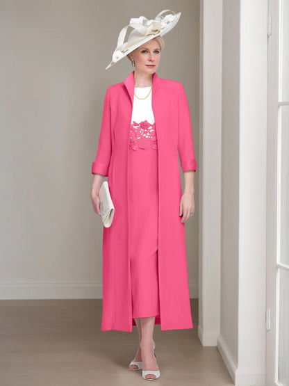 2 Pieces Round Neck Tea-Length Mother of the Bride Dress