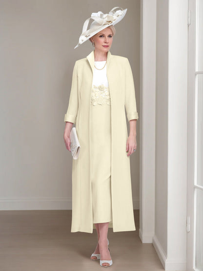 2 Pieces Round Neck Tea-Length Mother of the Bride Dress