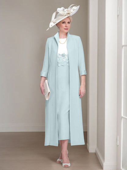 2 Pieces Round Neck Tea-Length Mother of the Bride Dress