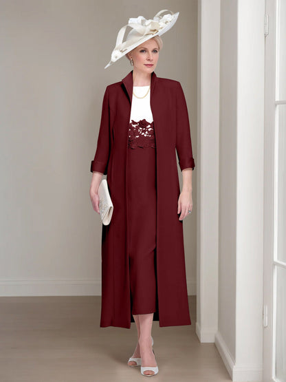 2 Pieces Round Neck Tea-Length Mother of the Bride Dress