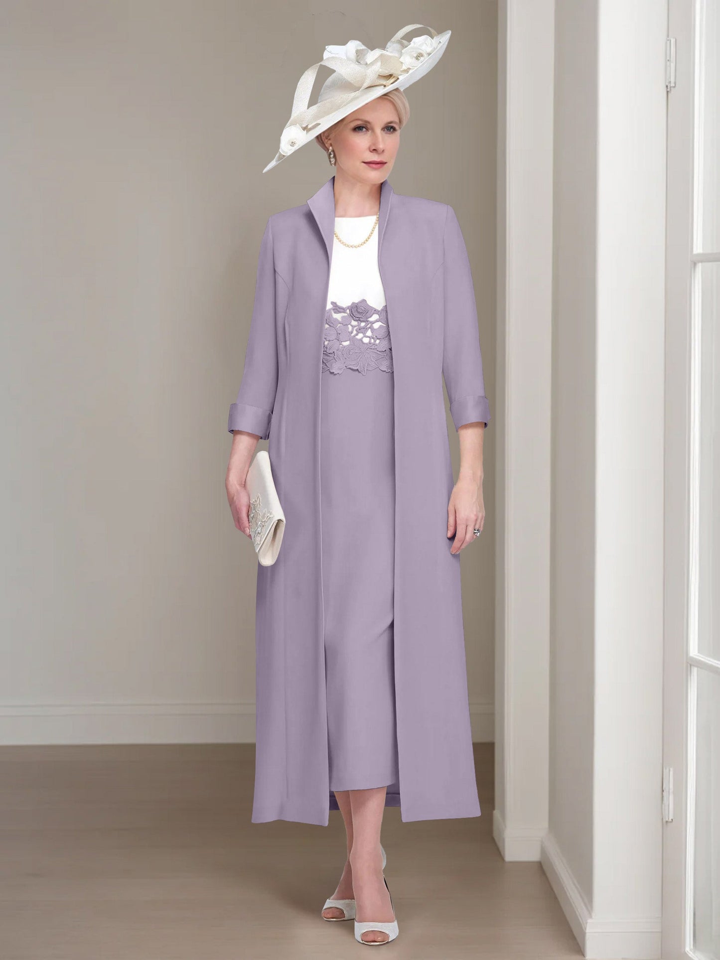 2 Pieces Round Neck Tea-Length Mother of the Bride Dress