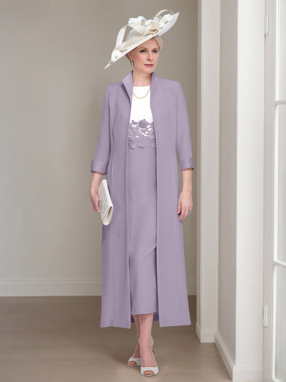 2 Pieces Round Neck Tea-Length Mother of the Bride Dress