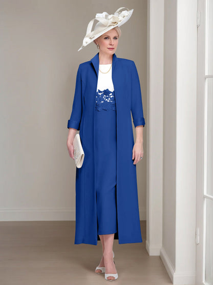 2 Pieces Round Neck Tea-Length Mother of the Bride Dress