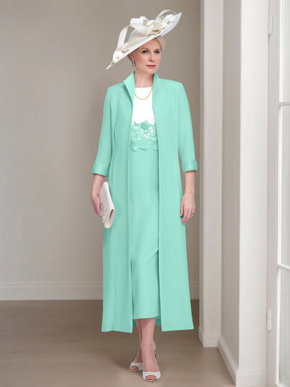 2 Pieces Round Neck Tea-Length Mother of the Bride Dress