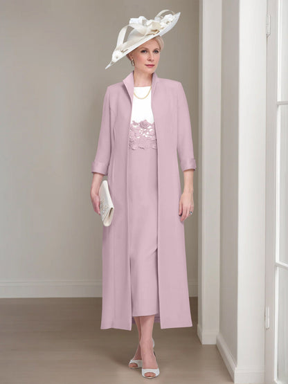 2 Pieces Round Neck Tea-Length Mother of the Bride Dress