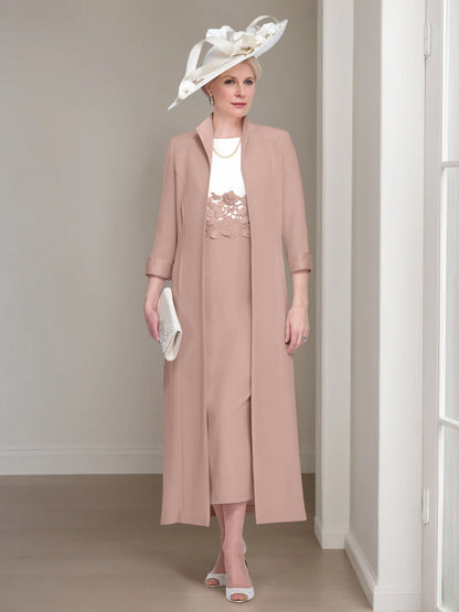 2 Pieces Round Neck Tea-Length Mother of the Bride Dress