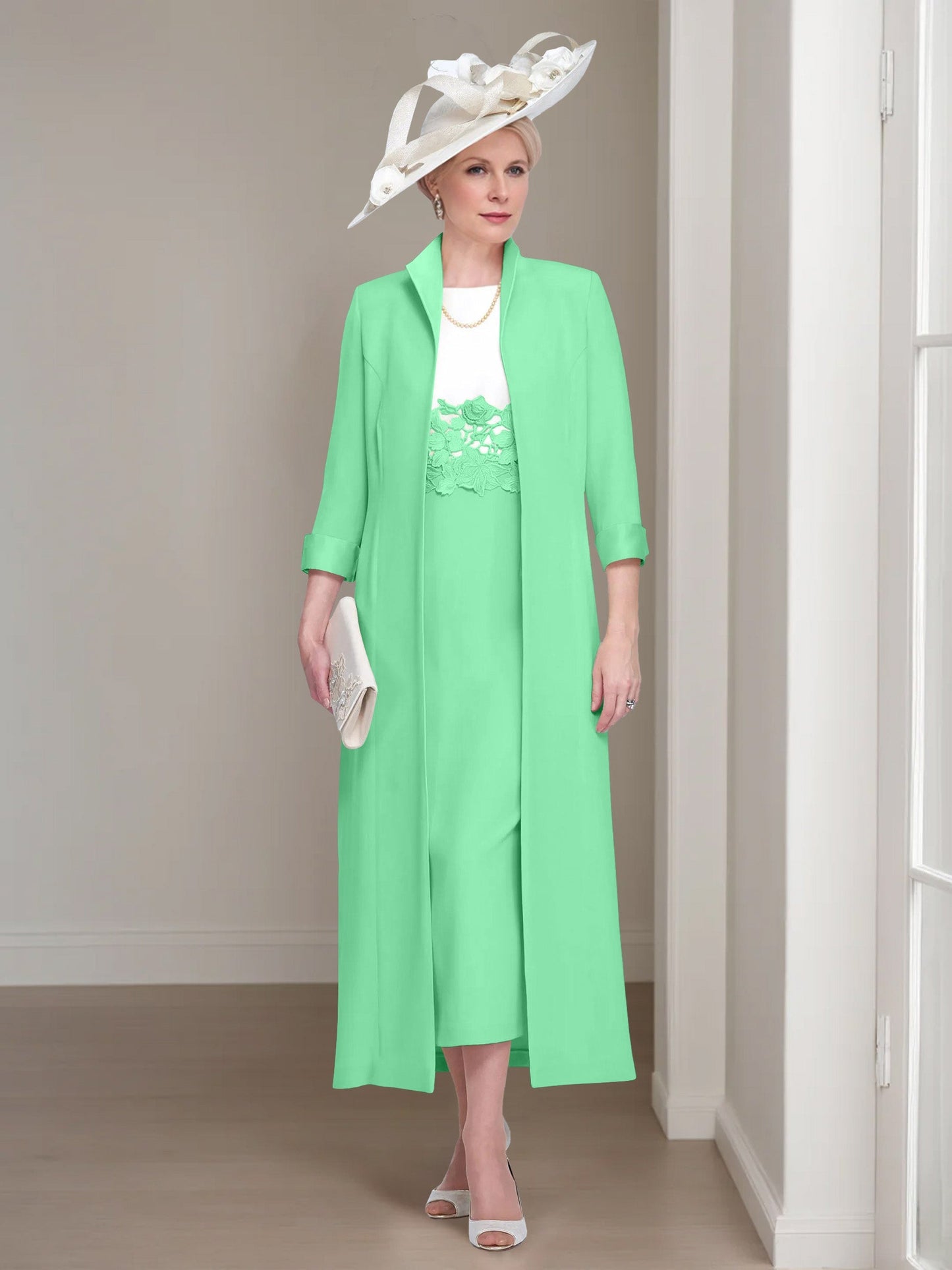 2 Pieces Round Neck Tea-Length Mother of the Bride Dress