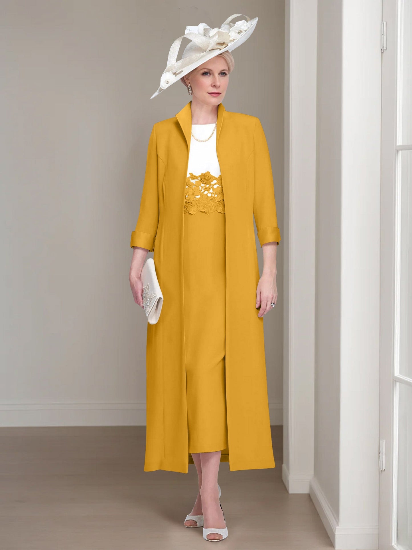 2 Pieces Round Neck Tea-Length Mother of the Bride Dress