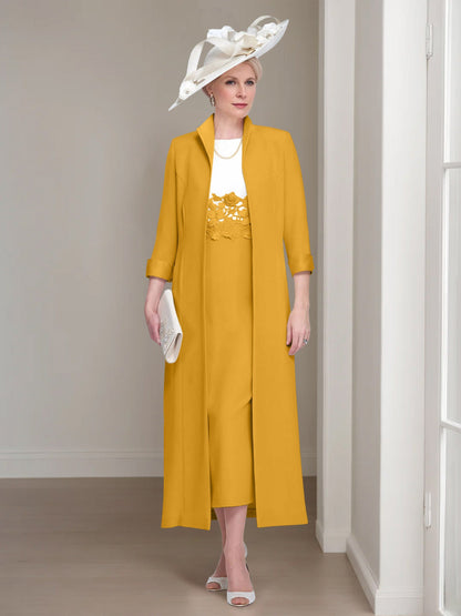 2 Pieces Round Neck Tea-Length Mother of the Bride Dress