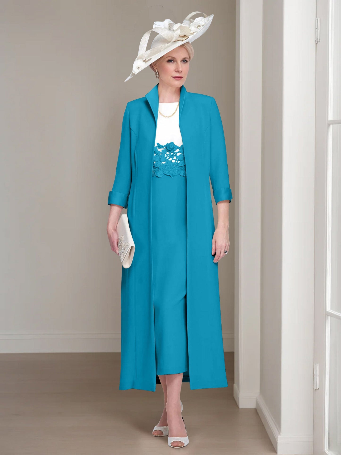 2 Pieces Round Neck Tea-Length Mother of the Bride Dress