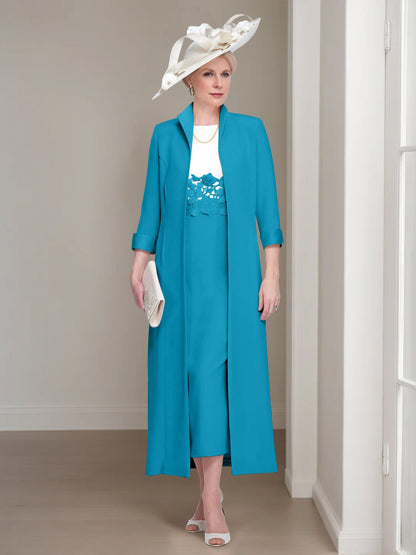 2 Pieces Round Neck Tea-Length Mother of the Bride Dress