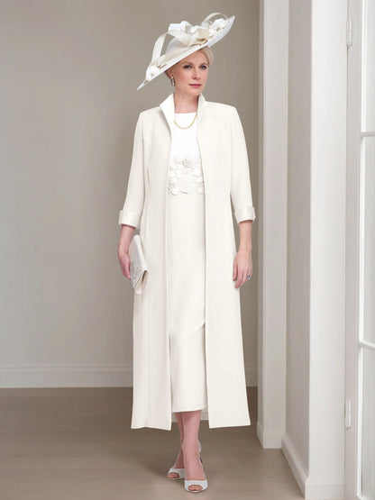 2 Pieces Round Neck Tea-Length Mother of the Bride Dress