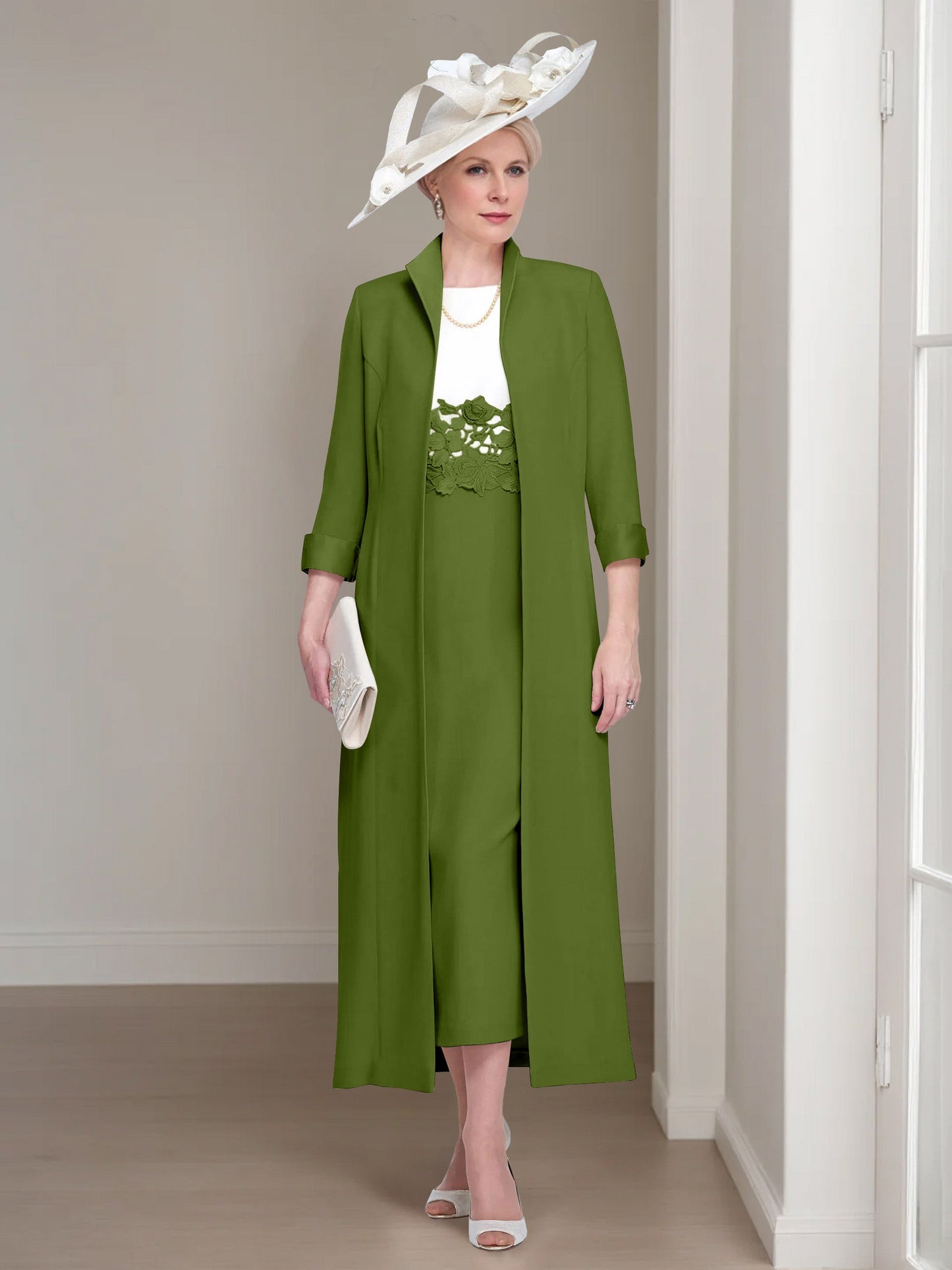 2 Pieces Round Neck Tea-Length Mother of the Bride Dress