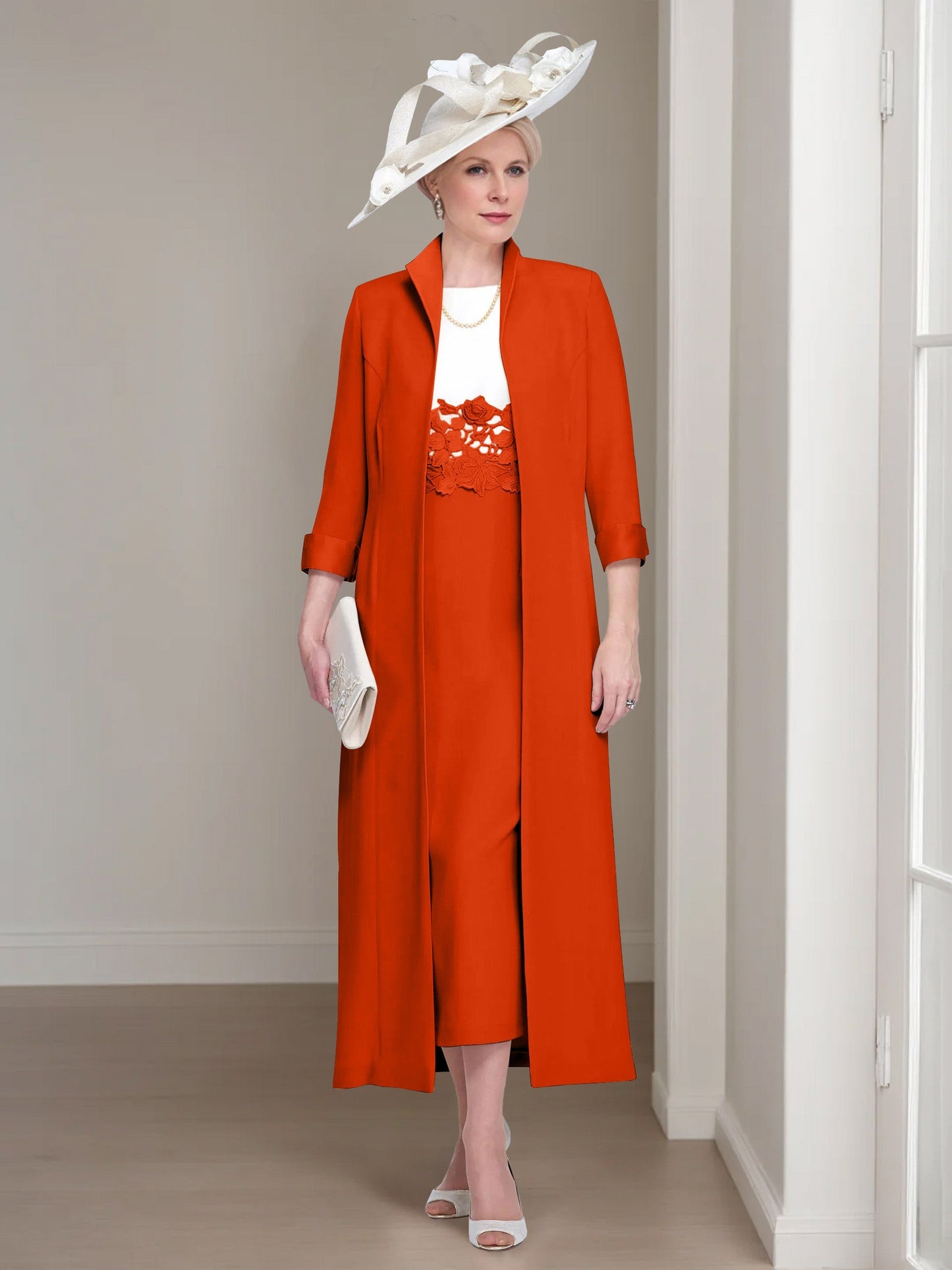 2 Pieces Round Neck Tea-Length Mother of the Bride Dress